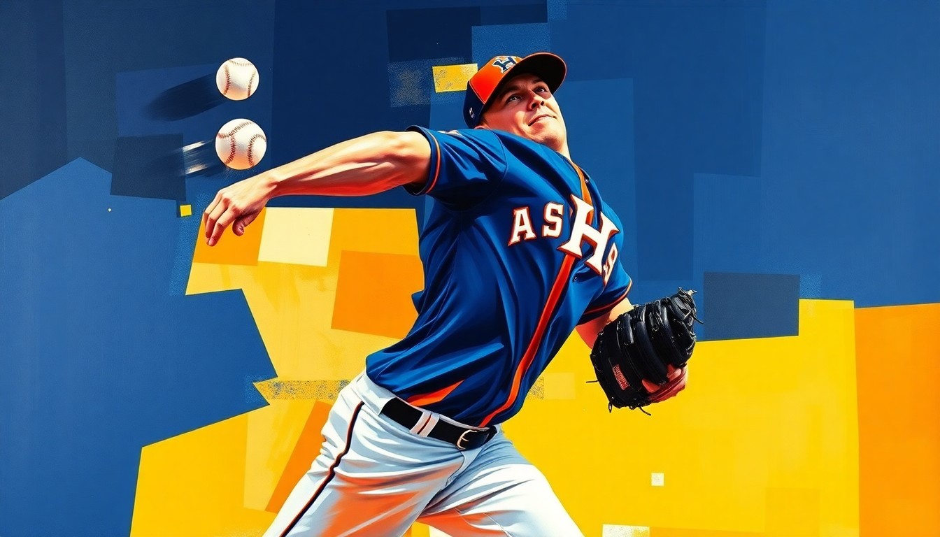 A cubist-style painting featuring sharp, overlapping geometric shapes in the Astros' navy blue, orange, and white colors, conceptually representing the fragmented nature of roster decisions in professional baseball.