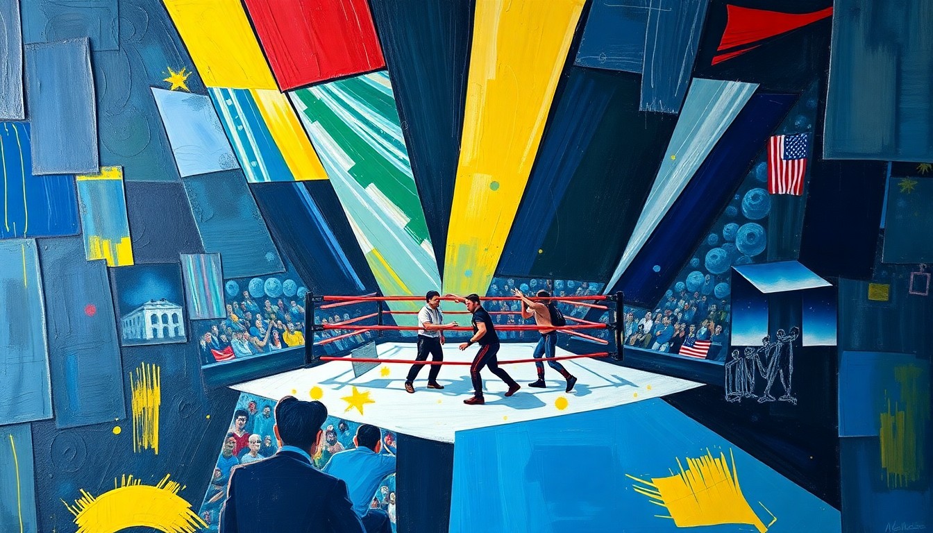A fractured, geometric painting depicting a WWE match or competition, with sharp, overlapping planes of color and form conveying the dynamic and ever-shifting nature of the sport.