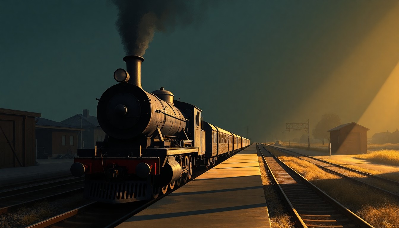 A serene, nostalgic painting of an old steam locomotive engine sitting alone on a rural train platform, with warm sunlight and deep shadows creating a cinematic atmosphere.