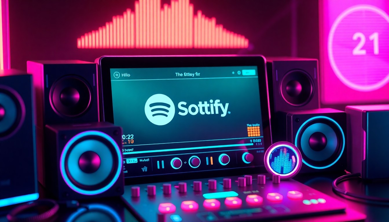 A visually striking 3D illustration depicting the Spotify music app interface, with glowing, illuminated audio components and visualizers, conveying the platform's embrace of user control over video content.