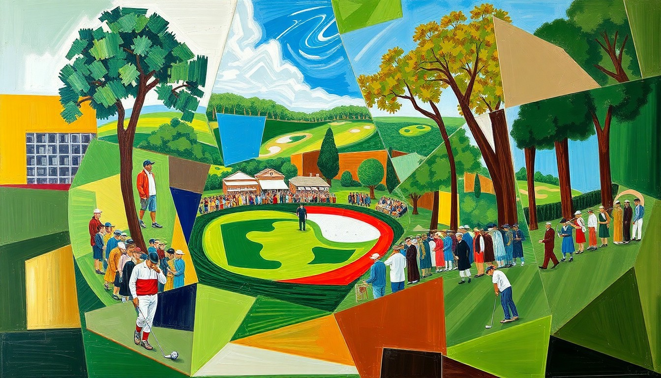 A cubist-style painting depicting a fractured, multi-perspective scene of a golf tournament, with sharp geometric planes in shades of green, brown, and blue, capturing the dynamic energy and tension of the competition.