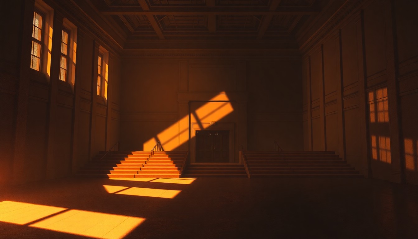 A serene, cinematic painting of an academic building or lecture hall, with warm sunlight casting long shadows across the scene, conveying a sense of contemplation and the weight of the allegations against Genevieve Bell.