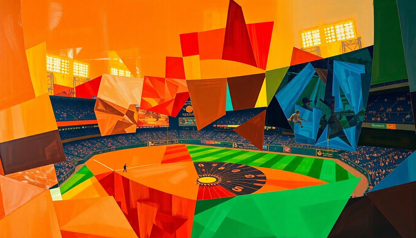 A cubist-style painting featuring overlapping geometric shapes and planes in warm earth tones, conceptually representing the chaotic action and fragmented momentum of a baseball game.