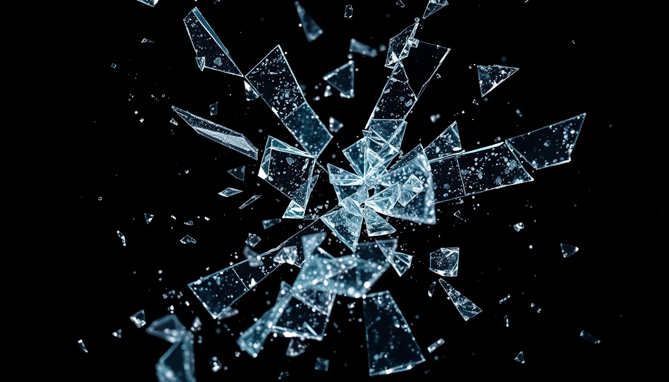 An abstract, high-contrast close-up photograph of shattered glass and glittering shards, conceptually representing the fragility and danger of celebrity life.