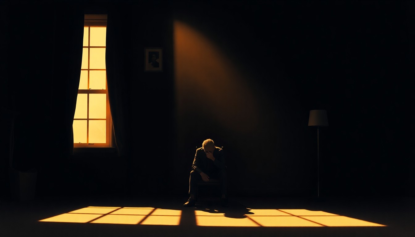 A cinematic painting in the style of Edward Hopper, depicting a solitary figure sitting alone in a dimly lit room, with warm, diagonal sunlight and deep shadows casting across the scene, conceptually representing the pensive mood of political discord.