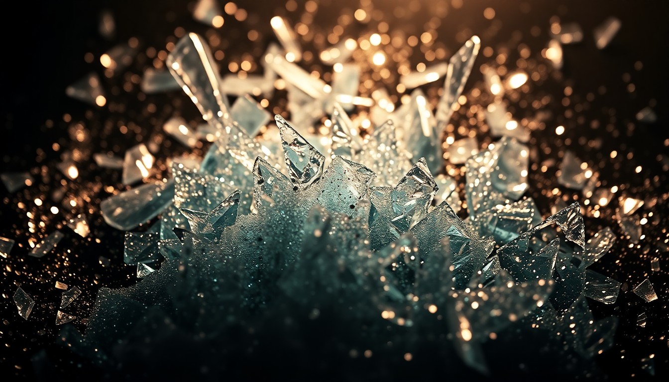 An abstract close-up image of shattered glass and glittering sequins, captured in dramatic, high-contrast studio lighting to conceptually represent the dark side of reality TV fame.