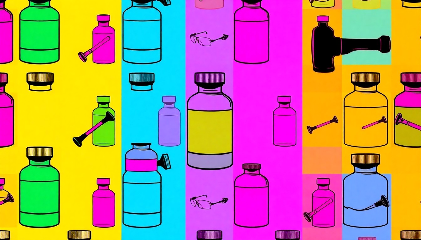 A high-contrast, silkscreen-style grid of a single, iconic looksmaxxing object such as a bottle of steroids or a hammer, rendered in a vibrant, neon color palette with heavy black outlines, conceptually representing the troubling nature of the looksmaxxing trend.