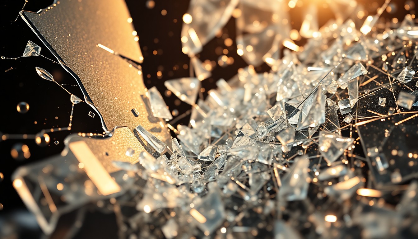 An extreme close-up of shattered glass and metallic textures, conceptually representing the intersection of two major superhero franchises and the anticipation surrounding their potential future collaboration.