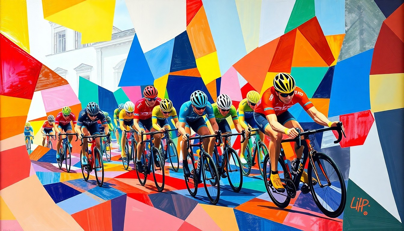 A cubist-style painting depicting the Tour of Flanders Women's race, with sharp, overlapping geometric shapes in bright colors representing the dynamic action and competition on the course.