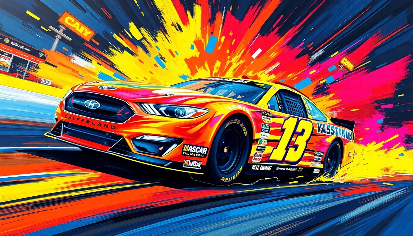 An abstract, energetic painting with vibrant neon brushstrokes and shapes, capturing the raw power and movement of a NASCAR race, representing the unique journey of Cleetus McFarland's debut.