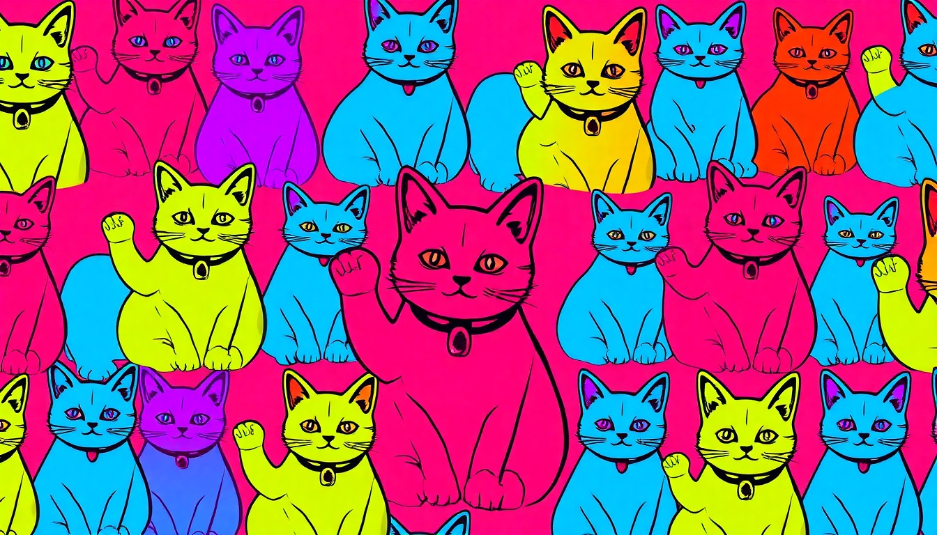 A brightly colored, high-contrast silkscreen print of a cat figurine repeated in a tight grid pattern, utilizing flat, unnatural neon colors and heavy black outlines to transform the everyday object into a modern pop art piece.