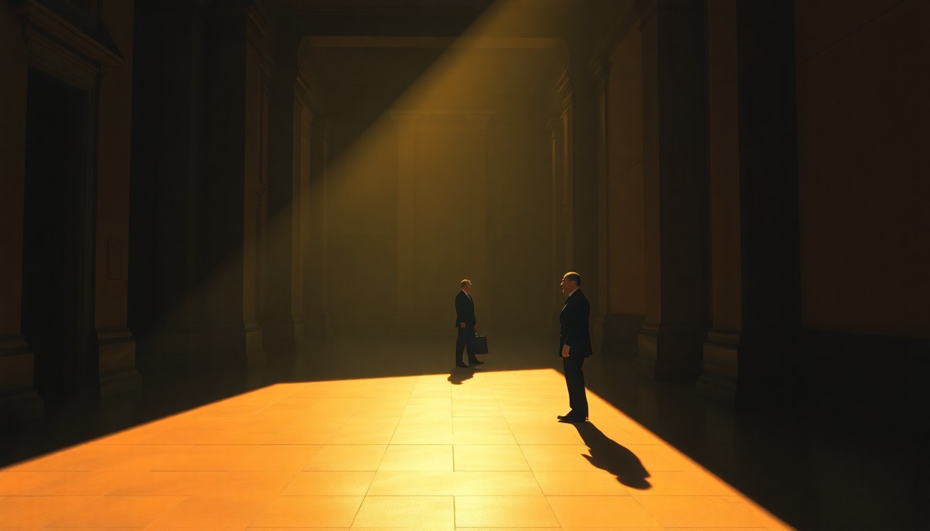 A dimly lit, cinematic painting depicting the silhouette of a government building or political figure, with warm sunlight casting dramatic shadows across the scene, conveying a sense of solemnity and introspection around the Conservative Party's recent challenges.