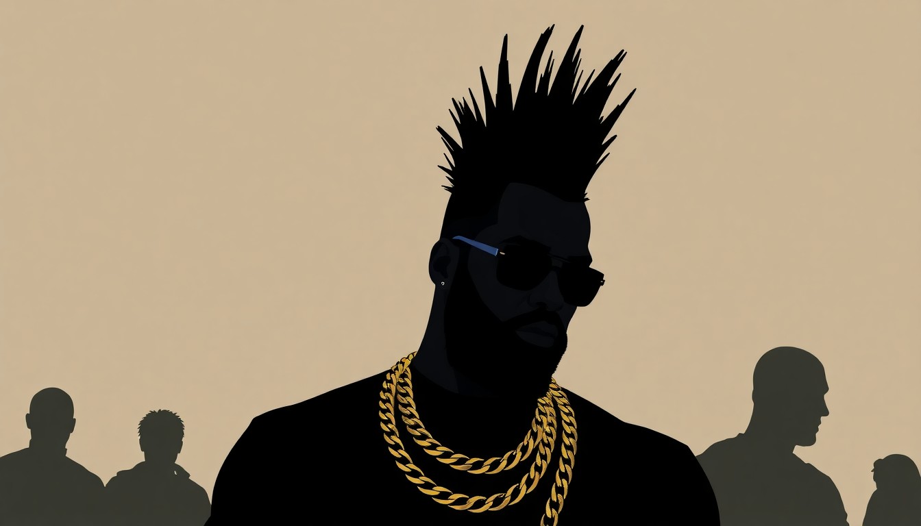 An abstract, minimalist illustration featuring a bold, jagged black silhouette of Mr. T's distinctive Mohawk hairstyle and heavy gold chains, set against a muted, somber color palette, conceptually representing the juxtaposition of his public persona and the reverence of the funeral setting.