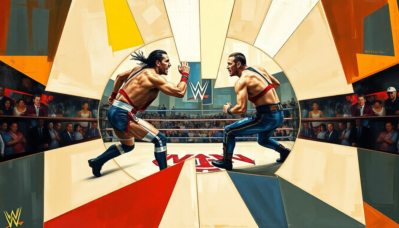 A cubist-style painting depicting a WWE United States Championship match, with the wrestlers and ring elements broken down into sharp, overlapping geometric shapes and planes, conveying the dynamic and unpredictable nature of the event.