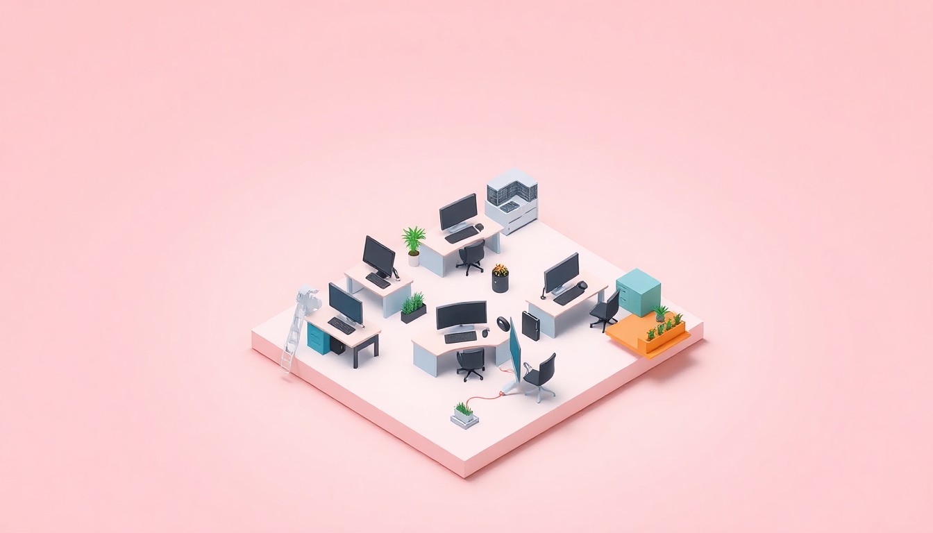 A minimalist, isometric 3D illustration depicting a stylized startup office environment with desks, computers, and other office equipment, representing the collaborative nature of the CU-Techstars partnership.