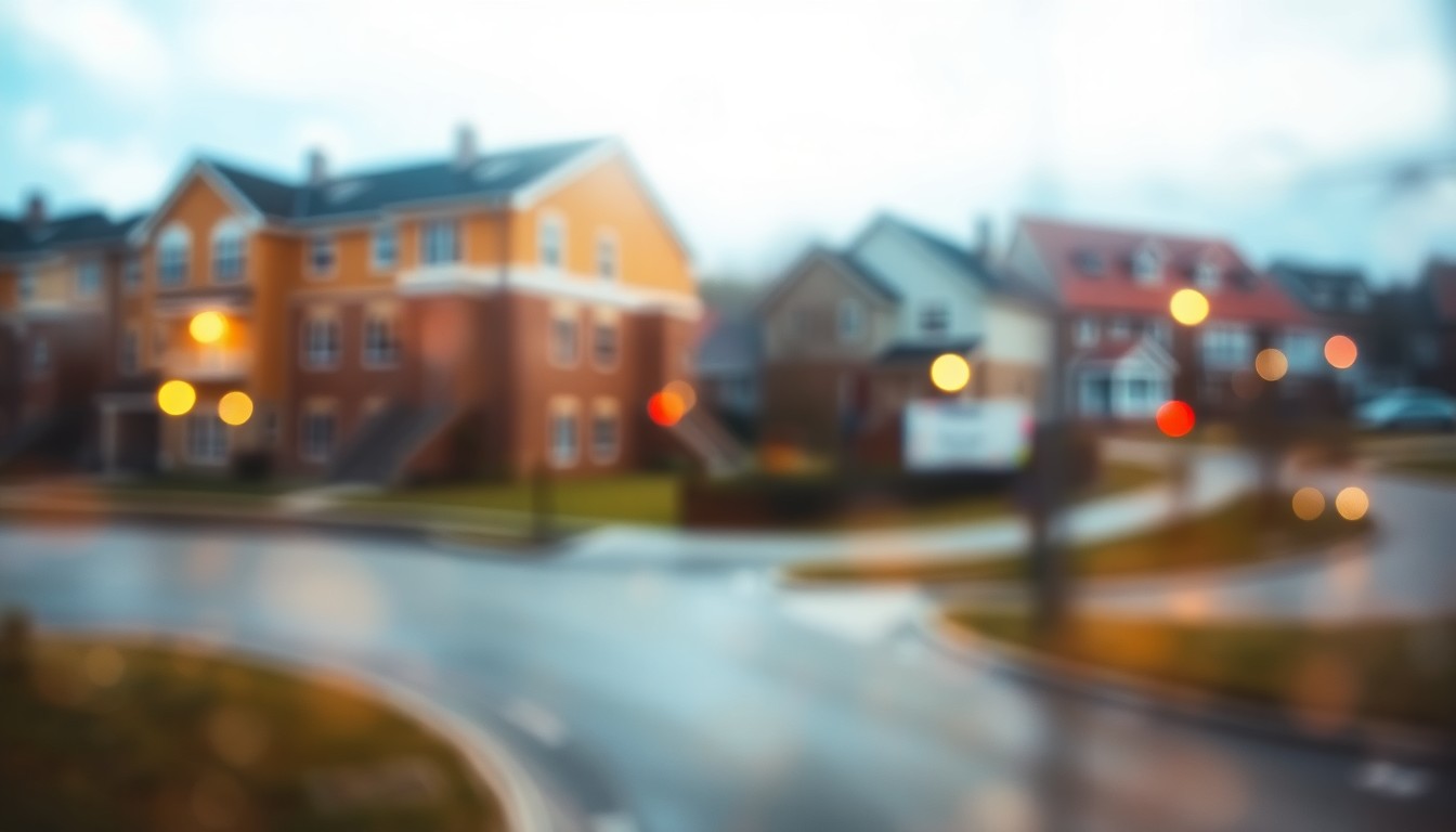 An abstract, out-of-focus photograph featuring blurred images of new affordable housing, a neighborhood street, and a winding road, all captured in soft, warm pools of color and light, conveying the mood and concepts of the story without depicting any specific people, places or objects.