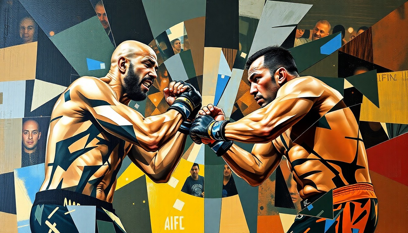 A cubist, geometric painting depicting a UFC heavyweight fight between two fighters, their movements and actions fragmented and deconstructed into sharp, overlapping planes of color and form.