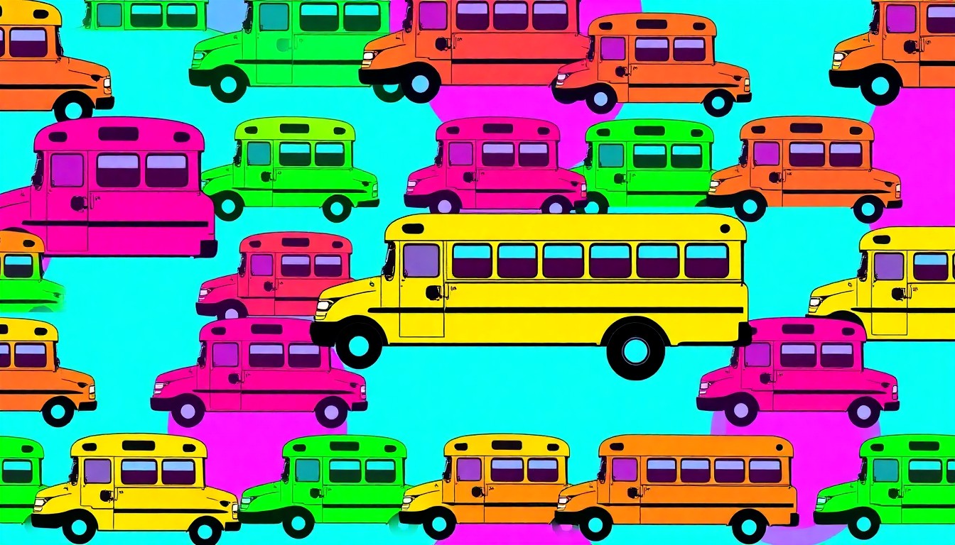 A brightly colored, high-contrast silkscreen print of a single, iconic school bus icon repeated in a tight grid pattern, conceptually representing the competitive landscape of public education in the region.