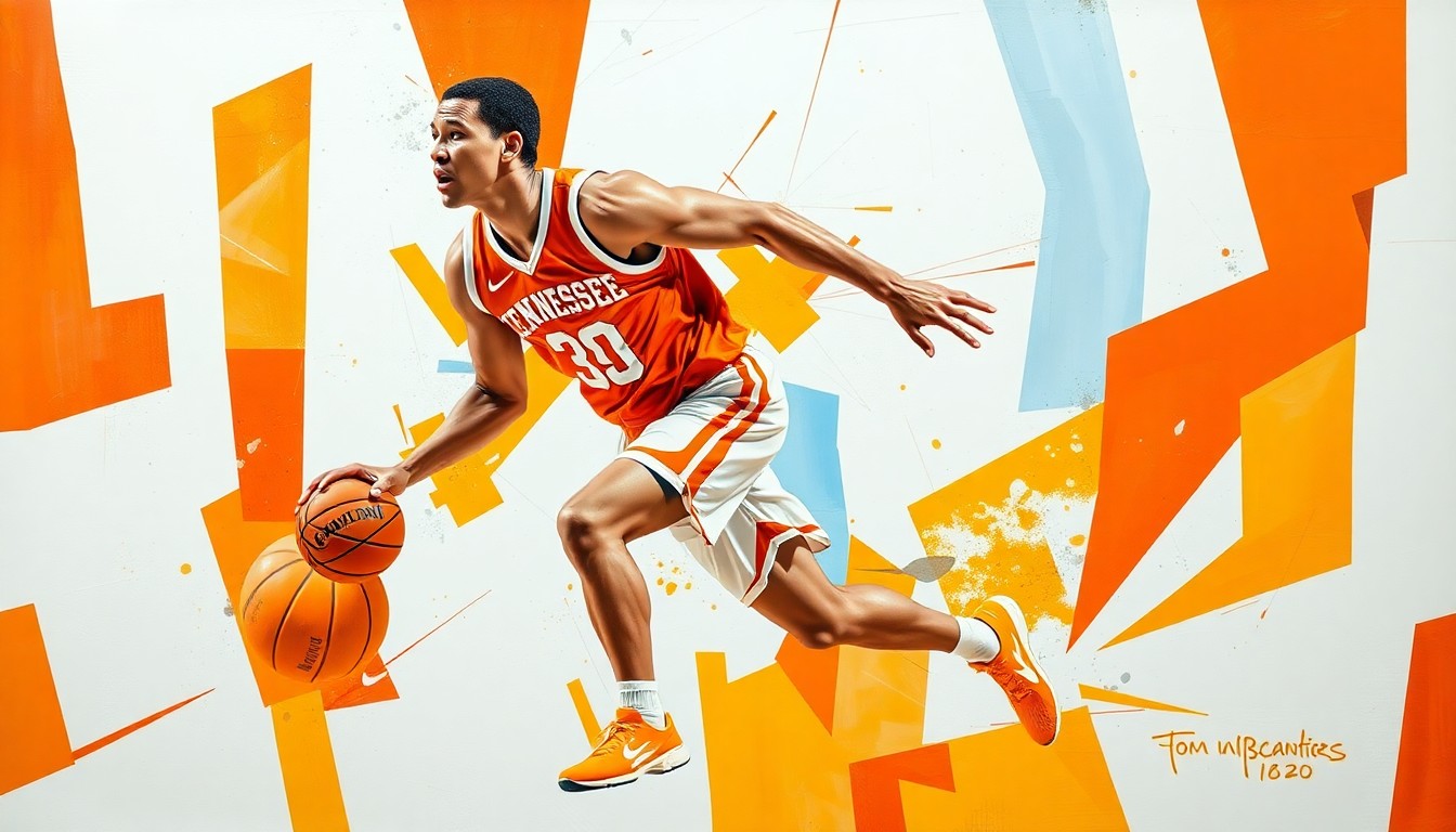 A cubist, geometric painting depicting a college basketball player in motion, with sharp, overlapping planes of orange and white representing the Tennessee Volunteers' colors, conveying the energy and movement of the sport.