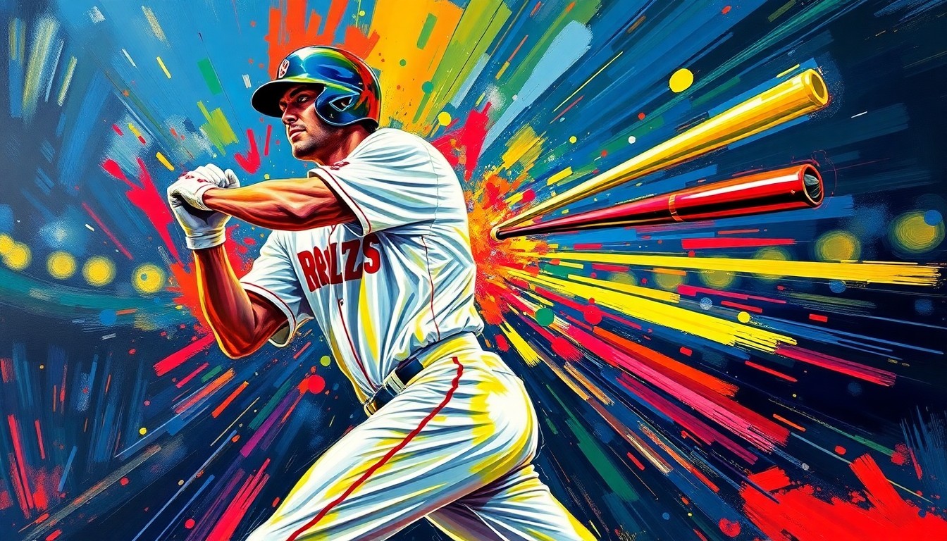 An abstract, energetic painting in vibrant neon colors depicting the dynamic motion of a baseball player swinging a bat and hitting a home run, conveying the raw athletic energy and excitement of the prospect's standout game.