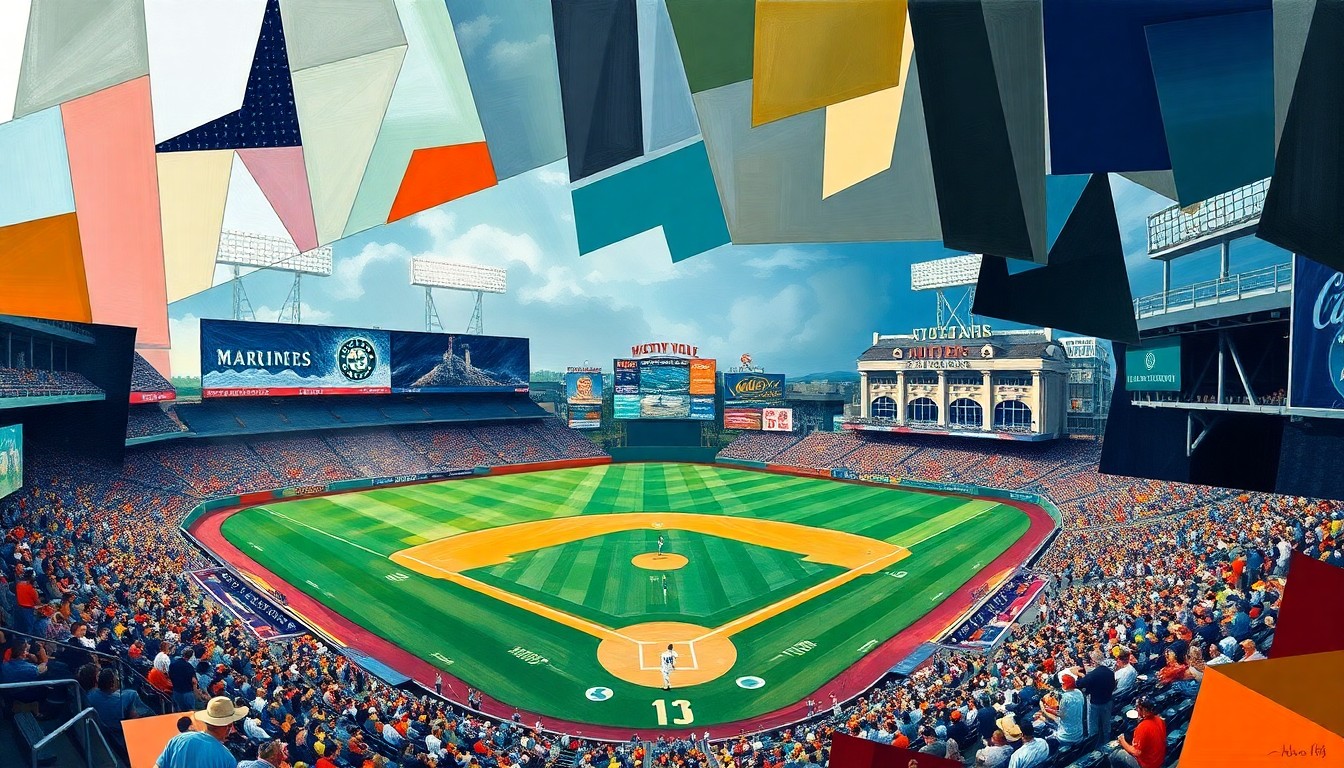 A fragmented, geometric painting depicting a baseball game, with overlapping planes of color and shape representing the dynamic action on the field.