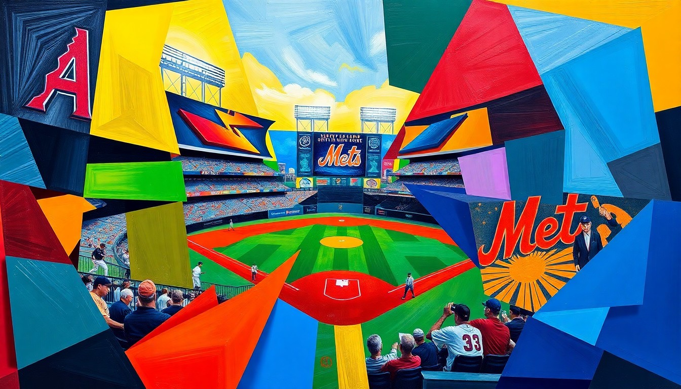 A fractured, multi-perspective painting in bold, overlapping geometric shapes and planes, using the official team colors of the Diamondbacks and Mets to represent the ebb and flow of a close baseball game, where defensive plays, pitching duels, and timely hitting all contribute to the outcome.
