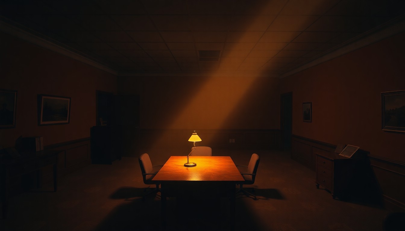 A dimly lit, cinematic painting of an empty government office at night, with a lone desk lamp casting warm, diagonal light across the room. The space feels quiet and contemplative, evoking a sense of political tension and uncertainty.
