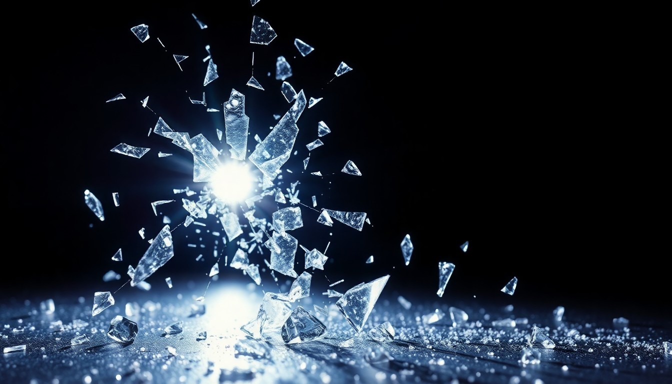 An abstract close-up image of shattered glass reflecting dramatic studio lighting, conveying the fragility and high-stakes nature of the reality TV industry.