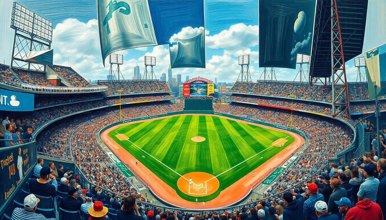 A cubist, geometric painting depicting a fragmented baseball game, with overlapping shapes and planes in muted tones, conveying the complex emotions surrounding the A's move.