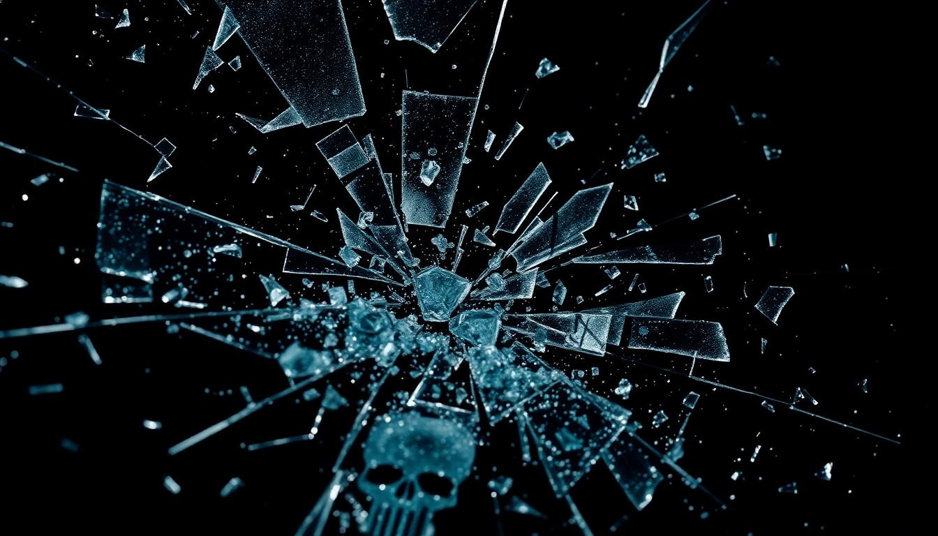 An extreme close-up of shattered glass and twisted metal fragments, capturing the gritty, violent tone of the Punisher character in a high-contrast, abstract composition.
