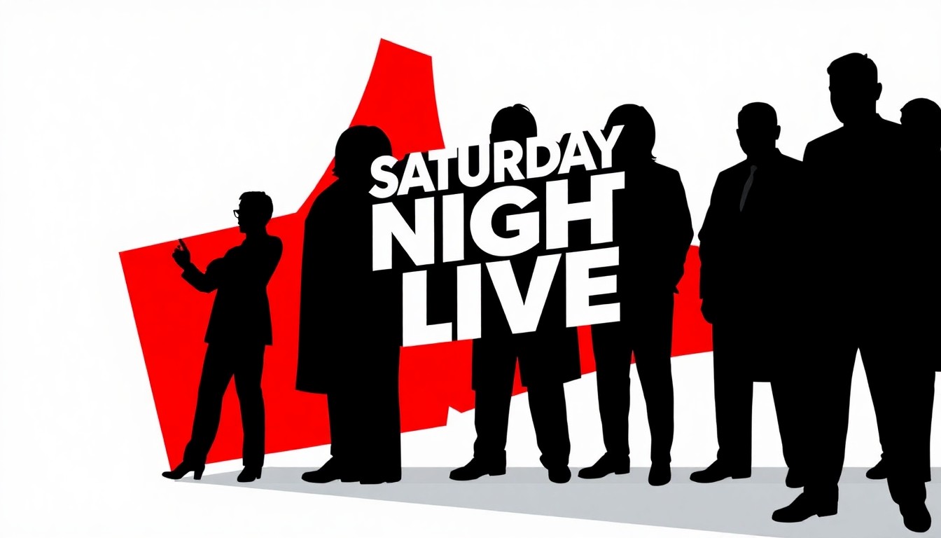 A minimalist, abstract illustration featuring bold, jagged shapes and silhouettes in high-contrast red and white, conceptually representing the iconic Saturday Night Live logo and the idea of a changing of the guard in the show's leadership.