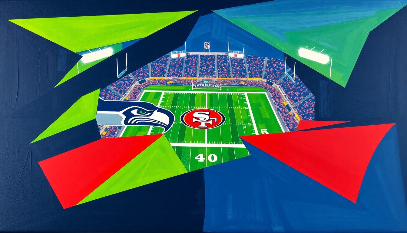 A cubist, geometric painting depicting a football game, with overlapping planes of navy, lime green, and crimson red representing the action on the field.