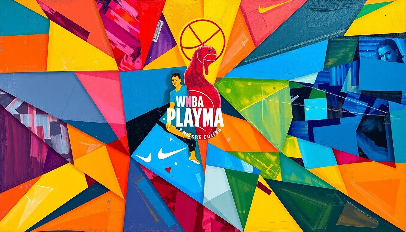 A cubist, geometric painting depicting the action and energy of a WNBA playoff game, with vibrant colors and overlapping shapes representing the players and the intensity of the competition.