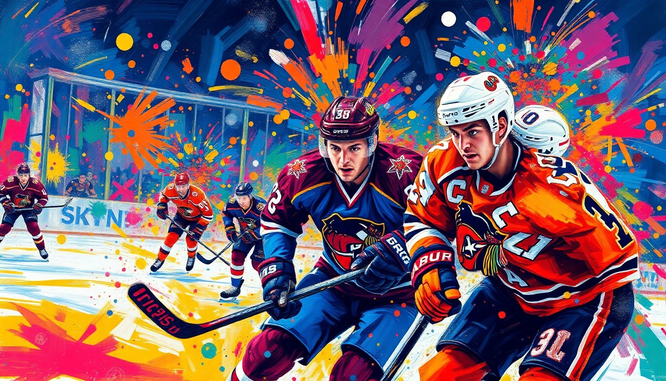 An abstract, expressionist painting in vibrant neon colors, capturing the raw energy and movement of a hockey game, with players' forms dissolving into unrecognizable splatters of paint, conveying the passion and dynamism of the sport.
