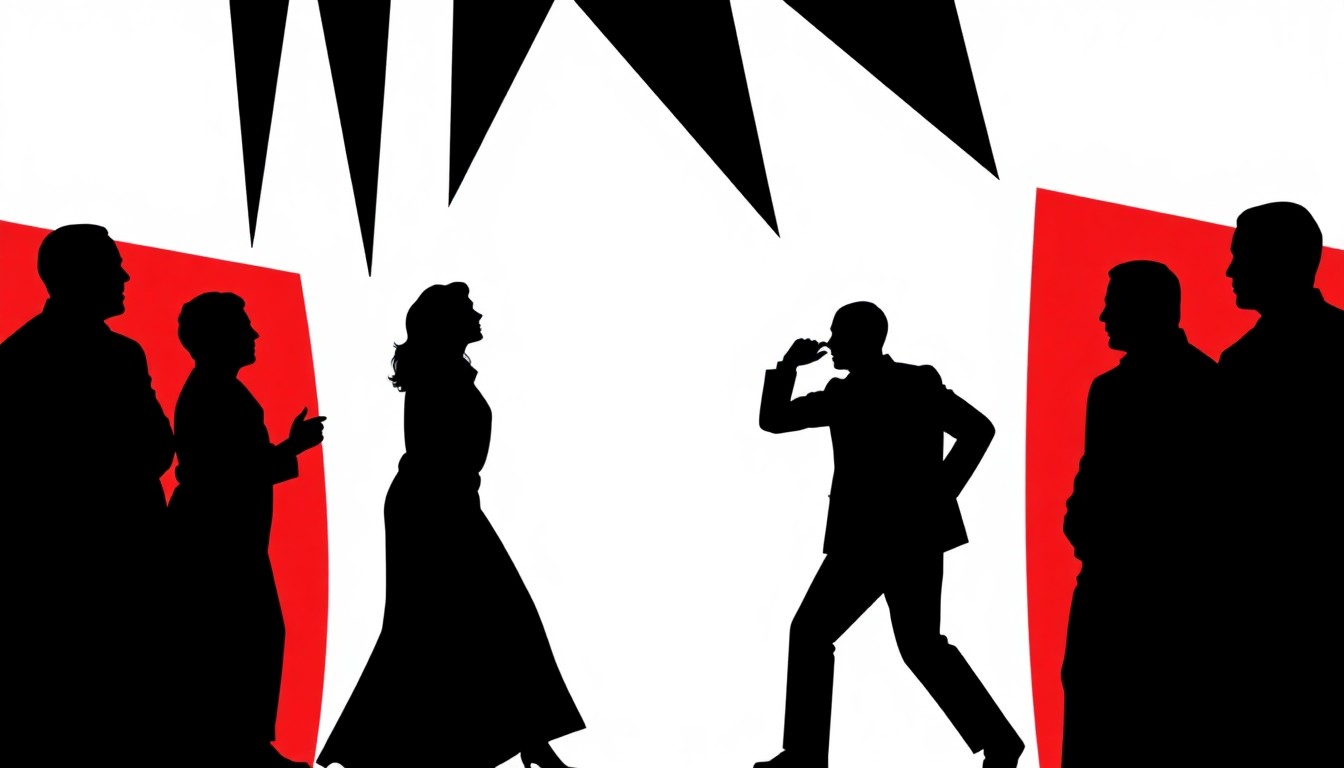 An abstract, minimalist illustration featuring bold, jagged shapes in red, white, and black, conveying a sense of tension and controversy without depicting any specific people or events.