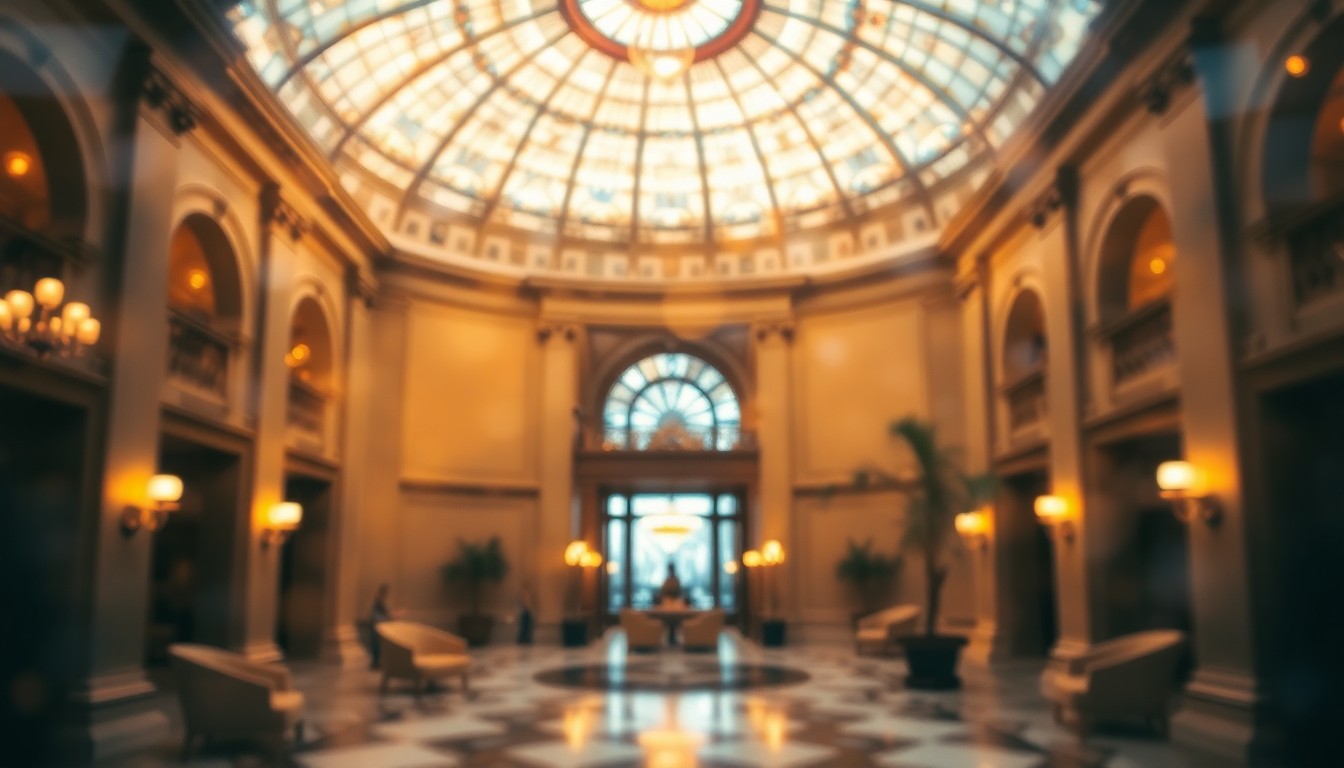 An extremely blurred, dreamlike photograph of the interior of a luxurious hotel lobby, with a stained-glass dome and grand columns visible through a hazy, rain-streaked lens, bathed in warm, golden light, conveying a sense of timeless elegance and celebration.