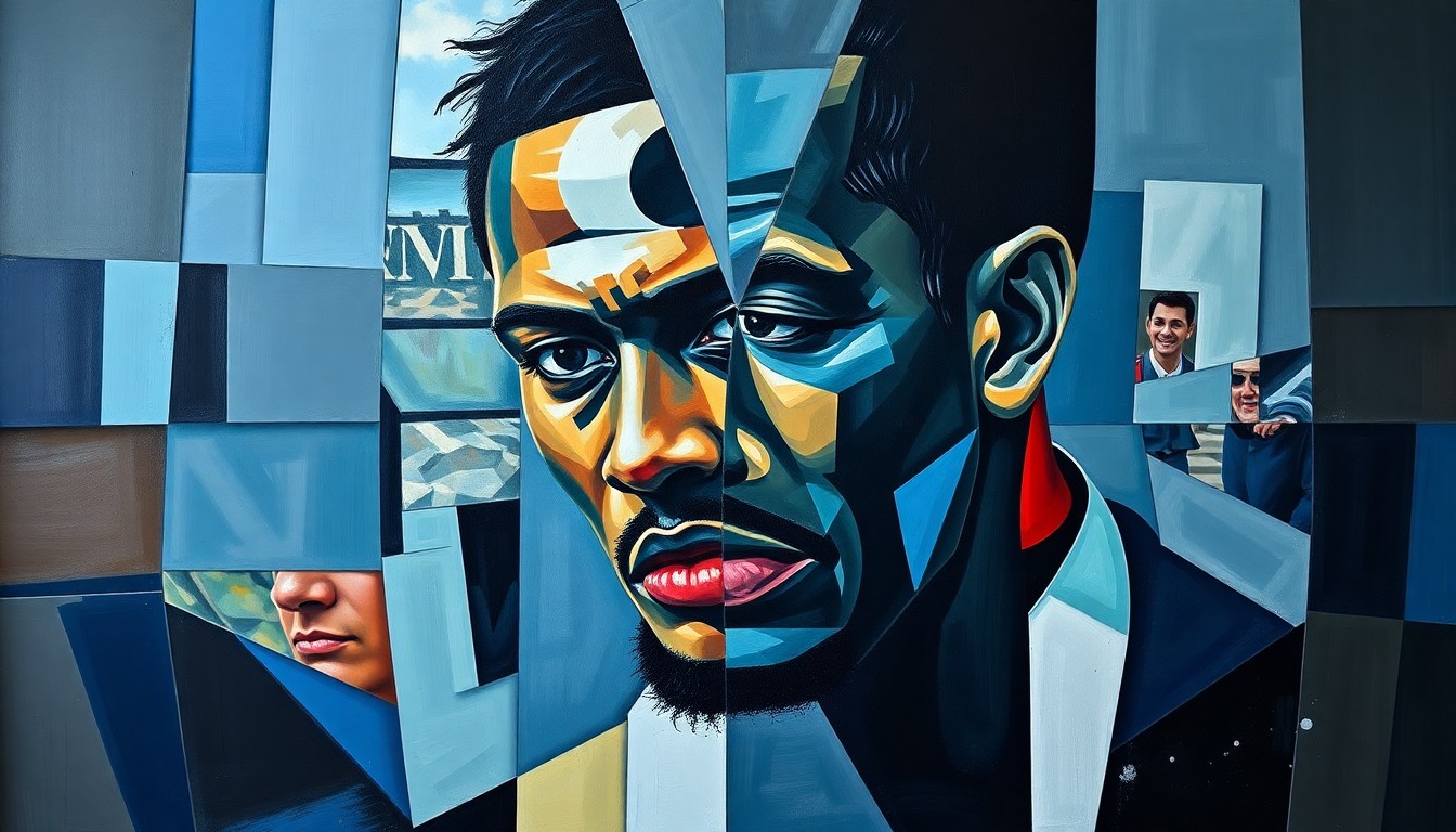 A fractured, cubist-style painting depicting the turbulent relationship between Romelu Lukaku and Napoli, with overlapping geometric shapes and planes representing the multifaceted dynamics at play.