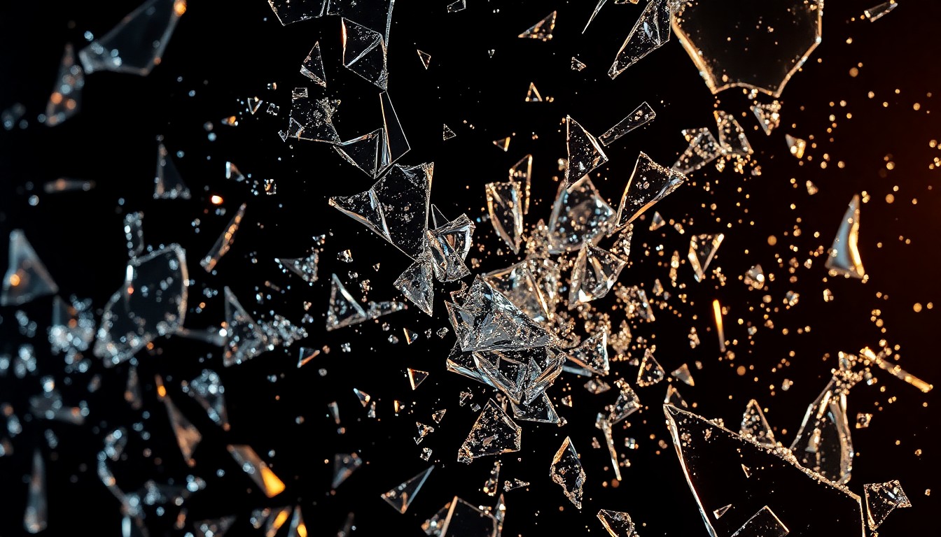 An abstract, high-contrast close-up image of shattered glass and glittering shards, conceptually representing the fragility and darkness behind the facade of celebrity.