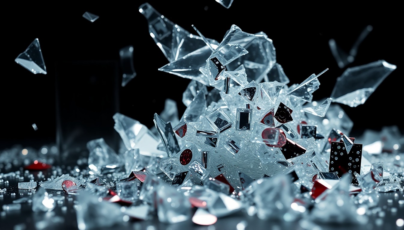 An abstract close-up image of shattered glass and crumpled sequins, captured in dramatic high-contrast studio lighting, conceptually representing the failed box office performance of the Melania documentary.