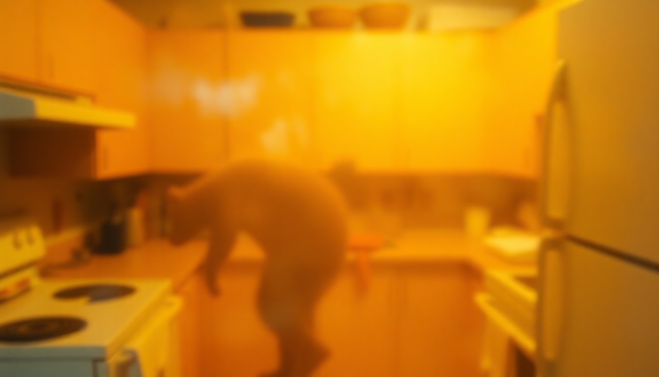 An abstract, out-of-focus photograph in warm tones depicting a blurred kitchen scene with a faint, ghostly bear silhouette rummaging through the cabinets, conceptually illustrating the unexpected encounter between nature and human habitats.