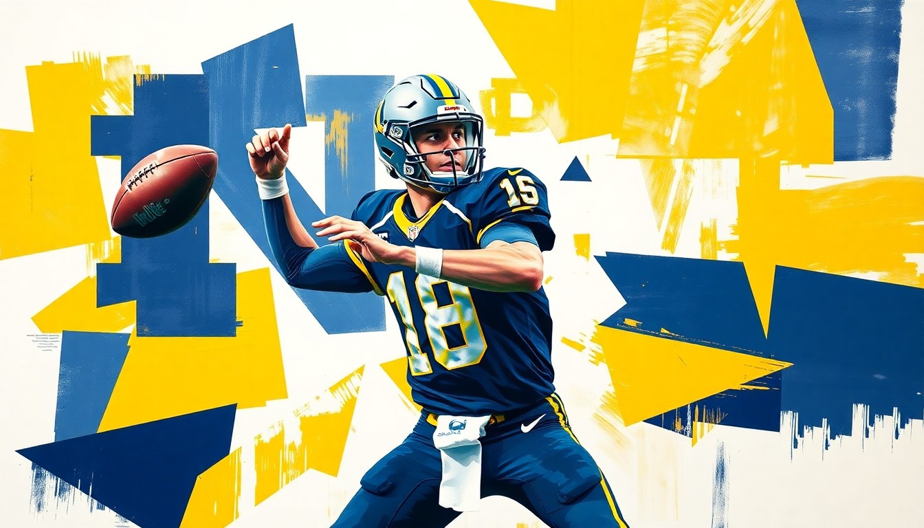 A fragmented, cubist-style painting depicting a college football quarterback in the process of dropping back to pass, with the player's form broken down into sharp, overlapping geometric shapes and planes in a vibrant color palette representing Notre Dame's team colors.