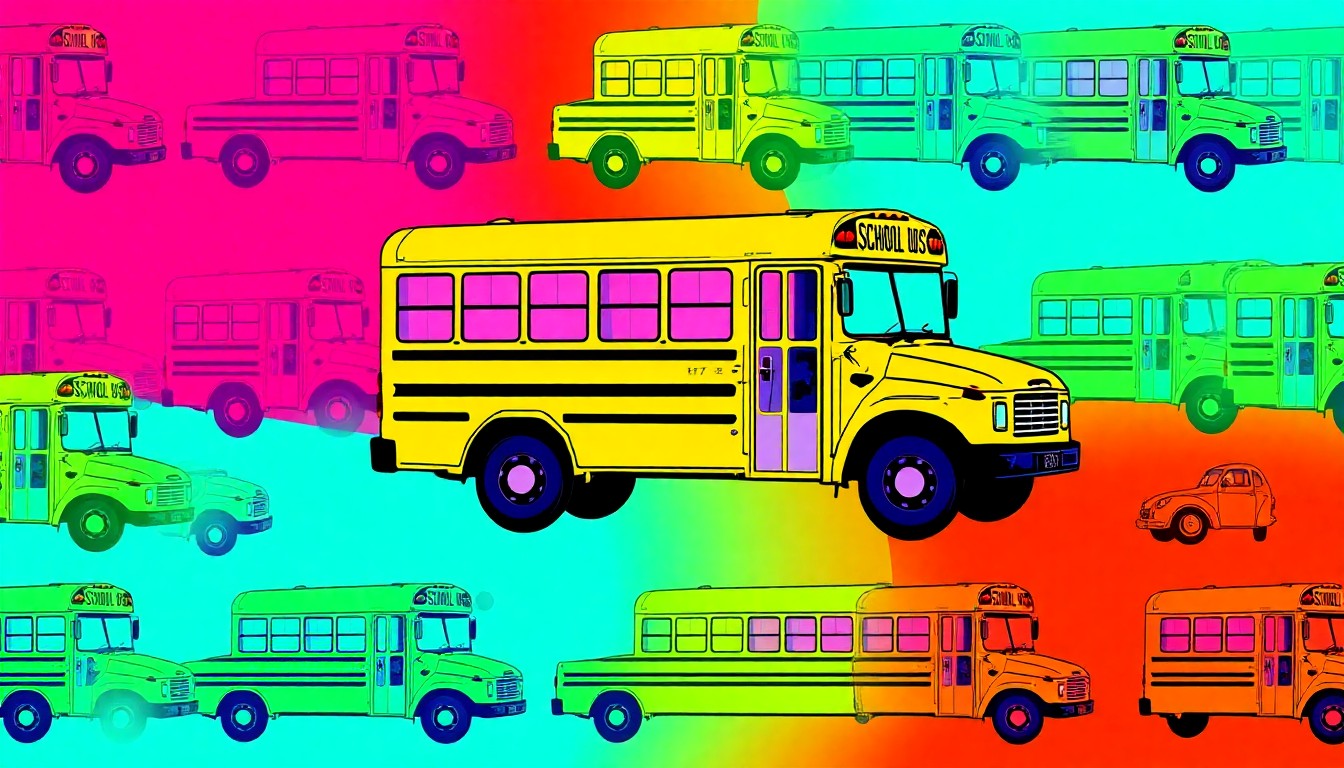 A bold, colorful silkscreen-style illustration featuring a repeating grid of stylized school bus icons in vibrant neon shades, conceptually representing the labor negotiations and potential disruptions facing the Los Angeles Unified School District.