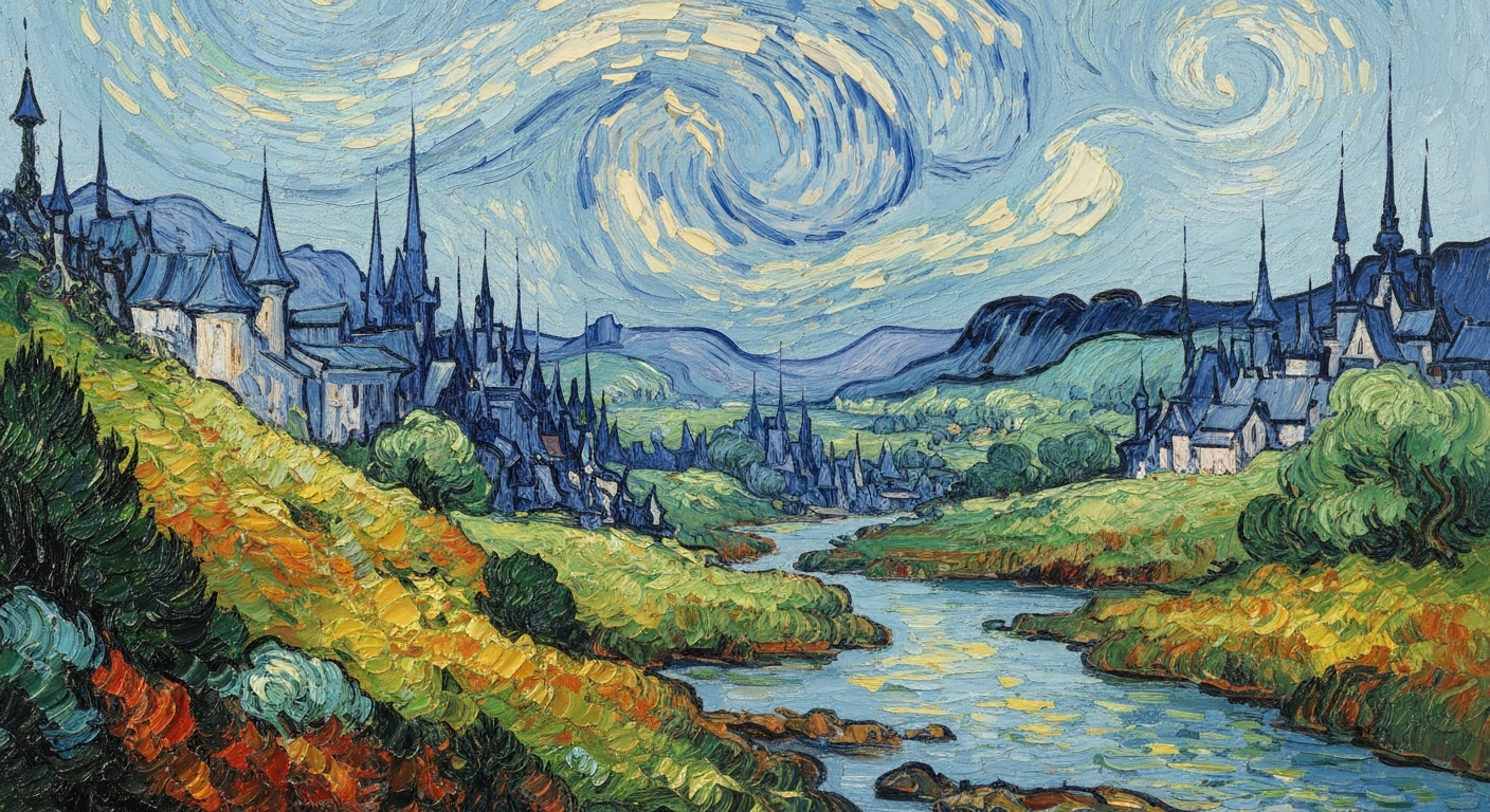 A vibrant, textured oil painting in the style of Vincent Van Gogh, depicting a fantastical Disney-inspired landscape with sweeping brushstrokes in shades of blue, green, and orange, capturing the whimsical and enchanting atmosphere of Disney World without any recognizable elements.
