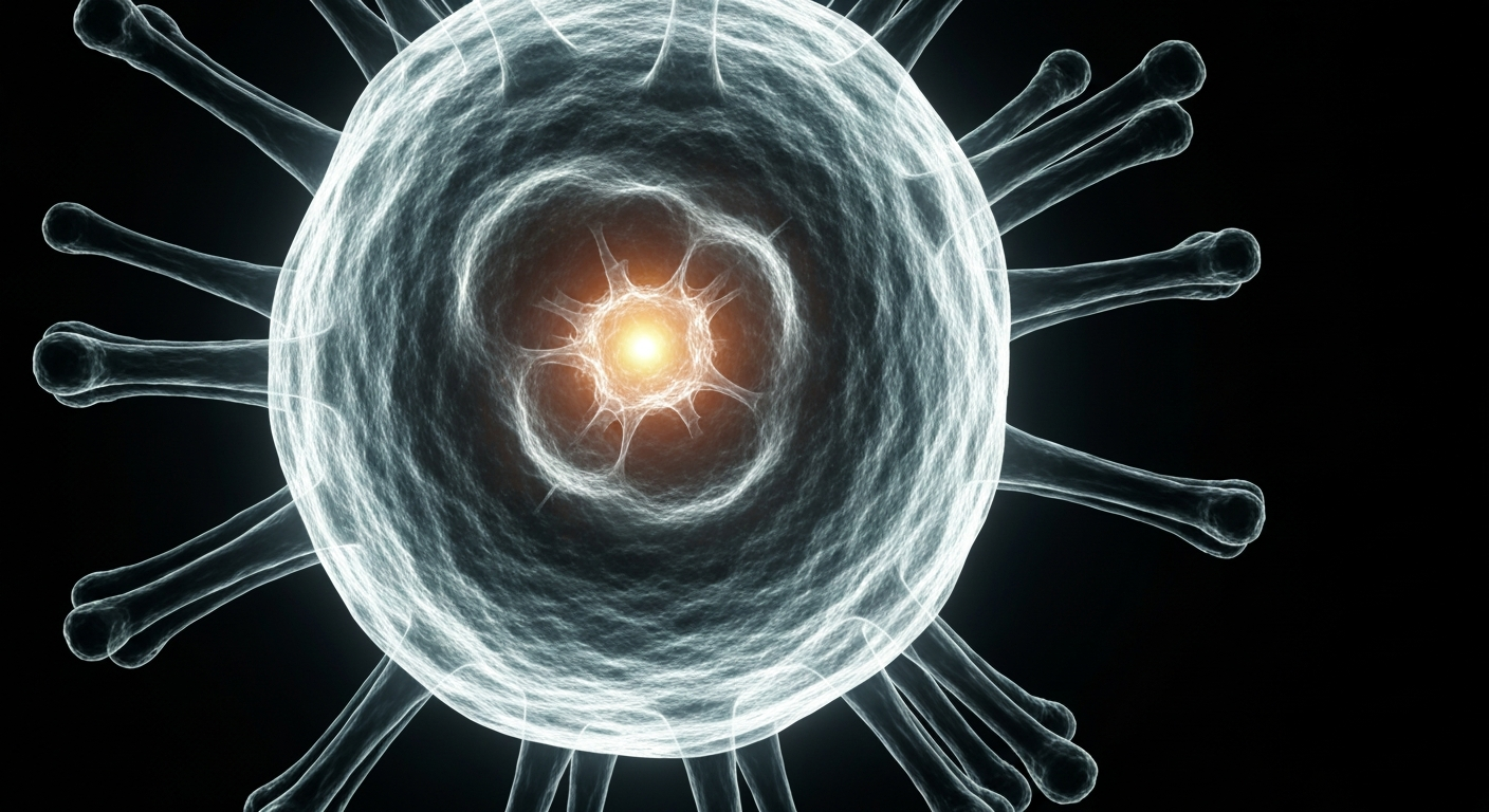 A translucent, ghostly X-ray image revealing the intricate internal structure of a measles virus particle, conveying the scientific and medical nature of this public health issue.