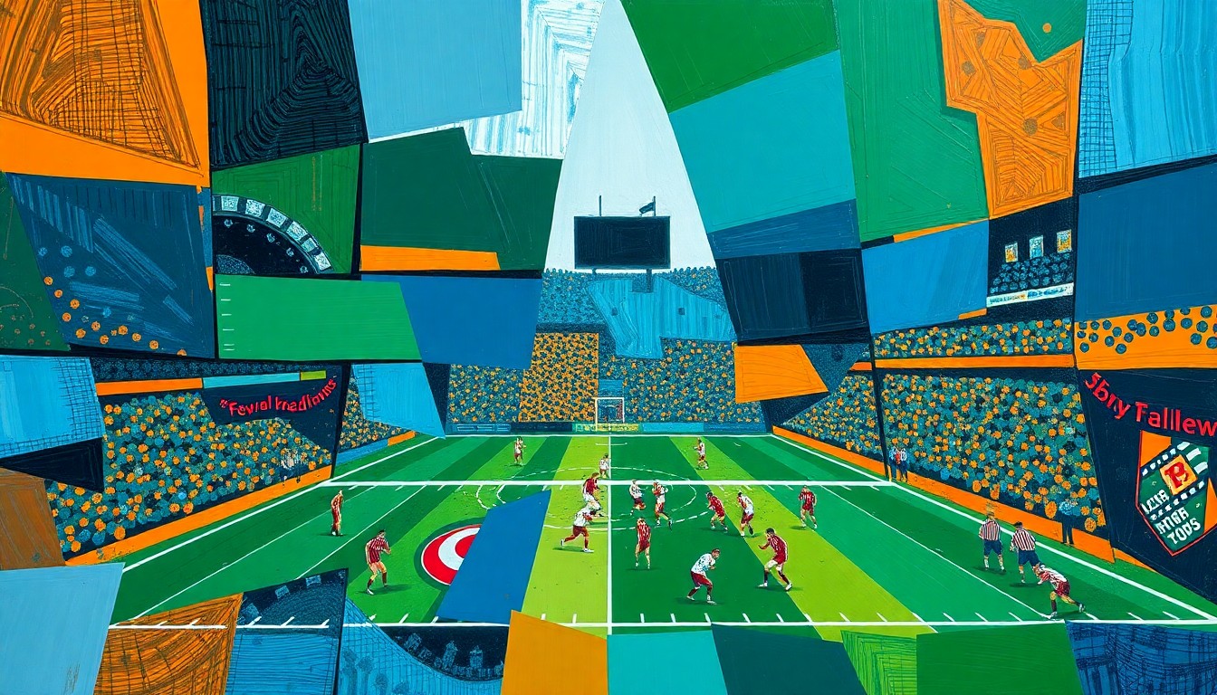 A fractured, geometric painting depicting a football game, with players and the field broken down into sharp, overlapping planes of color, capturing the sport's energy and intensity.