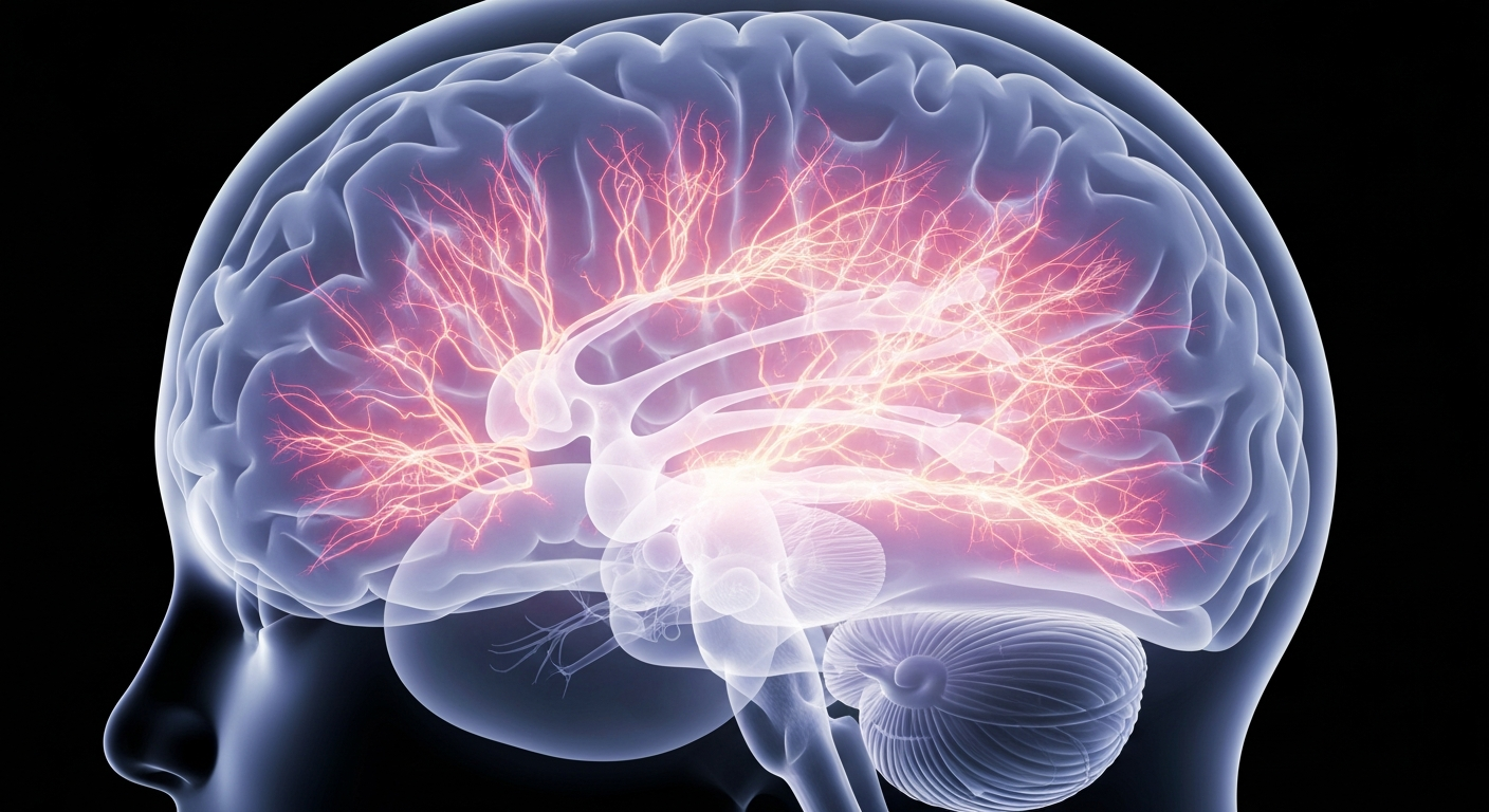 A translucent, ghostly X-ray image of a human brain, with glowing neural pathways and structures, conceptually representing the complex inner workings of the mind and the potential for new diagnostic tools in psychiatry.