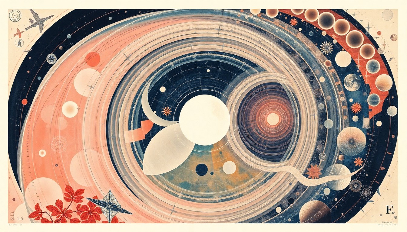 A highly structured, abstract painting in soft colors depicting sweeping geometric arcs, concentric circles, and precise spirals, conceptually representing the complex scientific forces and logistics behind the Cygnus XL cargo mission to the International Space Station.