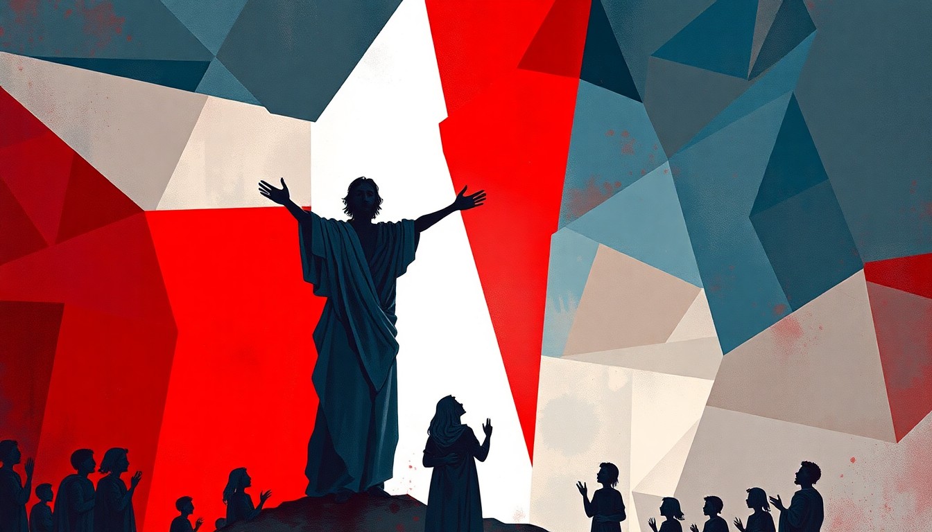 A fractured, abstract painting in patriotic colors depicting the silhouette of a figure in a biblical robe with outstretched arms, surrounded by smaller figures in awe, conceptually representing the divisive political and religious messaging from the White House.