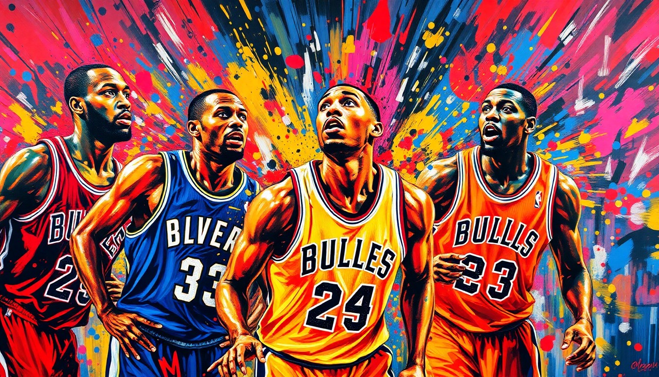 An abstract expressionist painting in vibrant neon colors, with rapid brushstrokes capturing the frenetic energy of an NBA playoff game, players' forms dissolving into unrecognizable splashes of paint.
