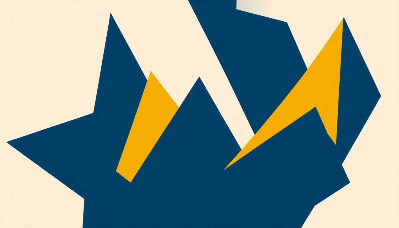 A dynamic, geometric composition of interlocking shapes in deep blue, turquoise, and golden yellow, conceptually representing the eclectic sound and intellectual spirit of the indie rock band Vampire Weekend.